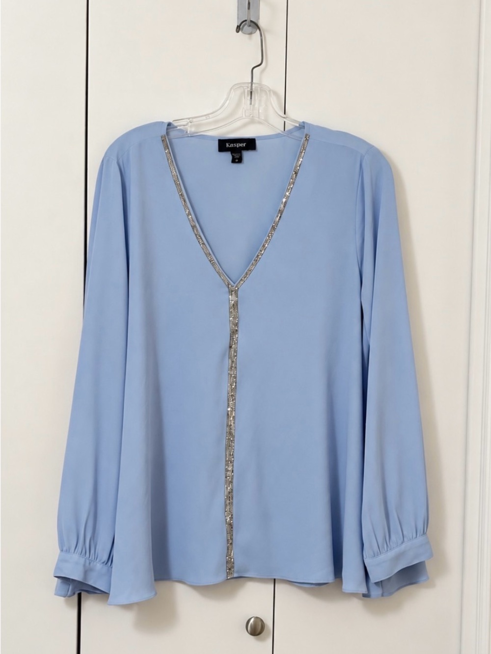 Karen Kane XL Light Blue Crystal Rhinestone V-Neck Blouse Made in USA